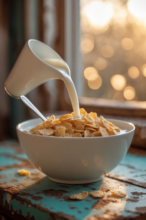 Pouring milk into a bowl of cereal by a sunny window in a cozy kitchen settingの素材