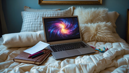 Cozy workspace on a bed with a laptop displaying a galaxy design alongside notes and stationery in a warm roomの素材