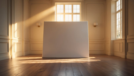 Light streams through windows illuminating a blank canvas in an elegant interior space during golden hourの素材