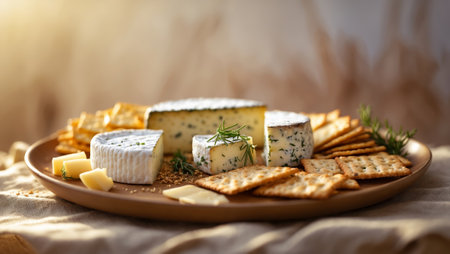 Cheese platter with assorted cheeses, crackers, and herbs served in a warm, inviting setting during golden hourの素材