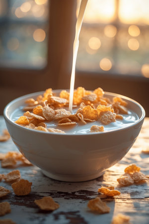 Morning cereal being prepared in a cozy kitchen with natural light streaming through the windowの素材