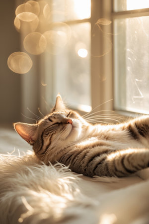 Cat relaxing in sunlight with gentle reflections in a cozy indoor setting during golden hourの素材