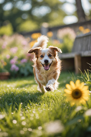 Happy dog runs through a garden filled with sunflowers during a sunny afternoon in springの素材