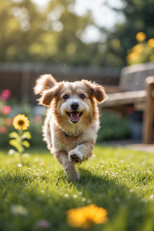 Happy dog runs through a flower-filled garden during a sunny afternoonの素材