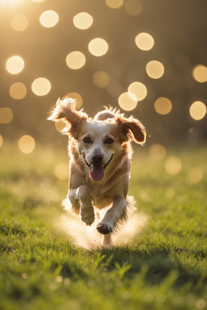 Golden retriever joyfully running through a sunlit field with sparkling bokeh lights in the backgroundの素材