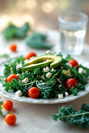 Fresh kale salad with cherry tomatoes, avocado, and feta served on a white plate beside a glass of waterの素材