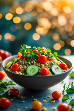 Fresh vegetable salad with quinoa and cherry tomatoes on a wooden table during evening lightの素材