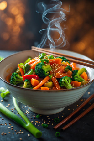 Colorful vegetable stir-fry steaming in a white bowl with chopsticks resting beside it in a cozy settingの素材