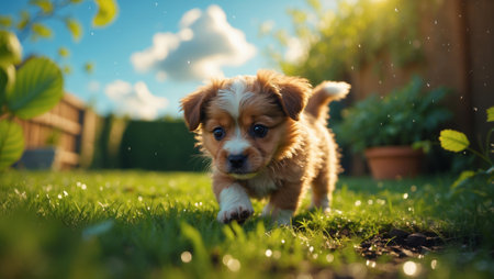 Cute playful puppy exploring a sunny garden filled with vibrant greenery and sunlight in the early afternoonの素材