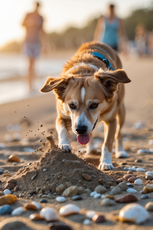 Dog joyfully digs in sand on a beach at sunset while people walk in the backgroundの素材