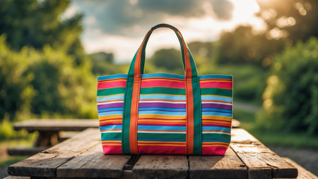 Colorful striped tote bag placed on wooden picnic table during sunset in a scenic outdoor settingの素材