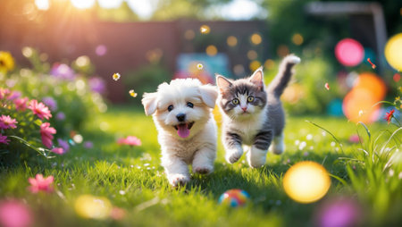 Happy puppy and playful kitten exploring a colorful garden on a sunny dayの素材