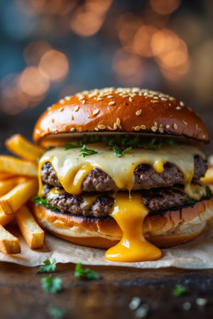 Juicy double cheeseburger with melted cheese and crispy fries on a wooden tableの素材