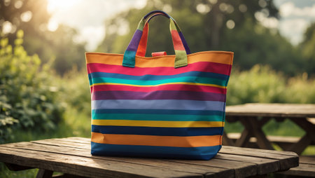 Colorful striped bag rests on a picnic table in a sunny outdoor park surrounded by greeneryの素材