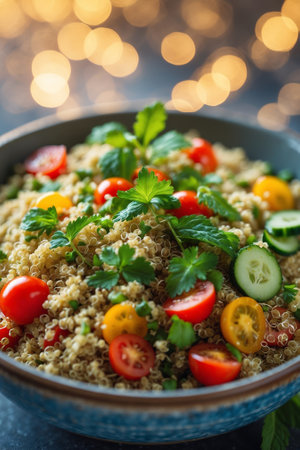 Fresh quinoa salad with cherry tomatoes and cucumbers in a cozy kitchen setting with twinkling lightsの素材
