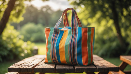 Colorful striped tote bag rests on a wooden table in a serene outdoor setting during golden hourの素材