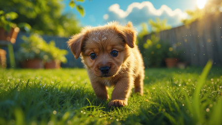 Playful puppy exploring a sunlit garden filled with greenery in the late afternoonの素材