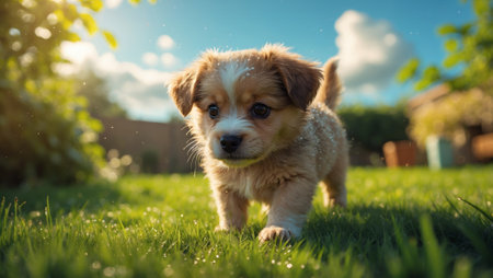 Cute puppy explores a sunlit garden, playfully trotting through lush green grass on a warm afternoonの素材