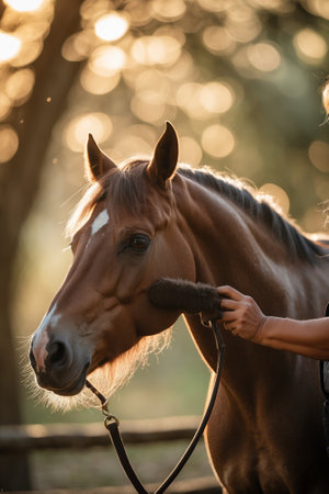 Grooming a horse under warm sunlight with a blurred background of treesの素材