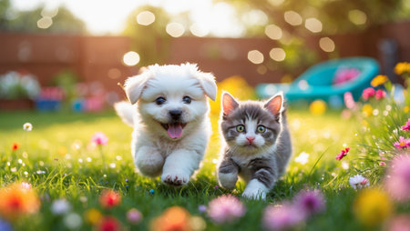 Playful puppy and curious kitten frolic through a vibrant flower garden during golden hourの素材