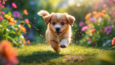 Happy puppy runs through a colorful flower garden on a sunny day in springの素材