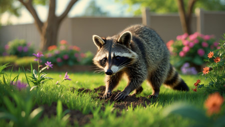 Raccoon exploring a vibrant garden in the afternoon sunlight surrounded by flowers and greeneryの素材