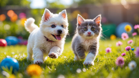 Puppy and kitten playing together in a vibrant garden during a sunny afternoonの素材