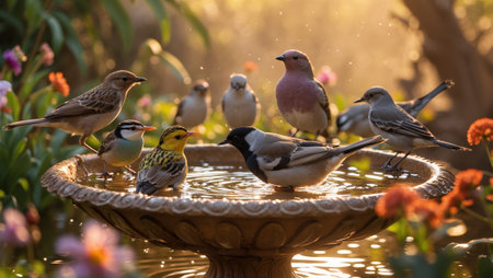 Colorful birds gather around a birdbath in a garden at sunset, enjoying a refreshing drink and playtimeの素材