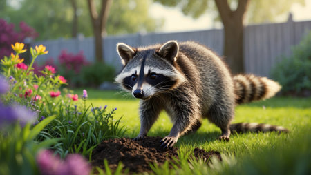 Raccoon foraging in a vibrant garden during a sunny afternoonの素材