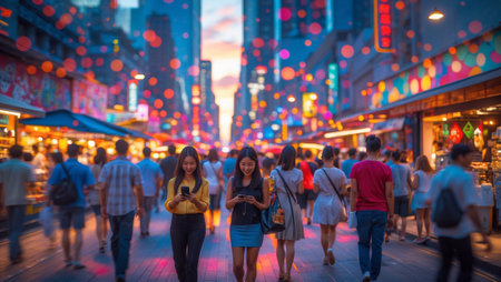Busy street market in the city at sunset with vibrant lights and people enjoying the atmosphereの素材