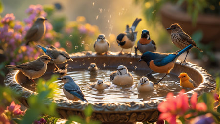 Colorful birds enjoying a refreshing bath in a garden birdbath surrounded by blooming flowers during golden hourの素材