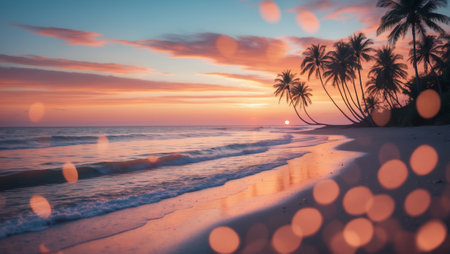 Sunset at a tropical beach with palm trees and gentle waves during tranquil evening hoursの素材