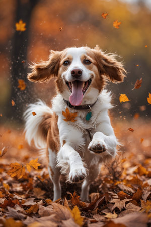 Happy dog jumping through colorful autumn leaves at a park on a sunny dayの素材