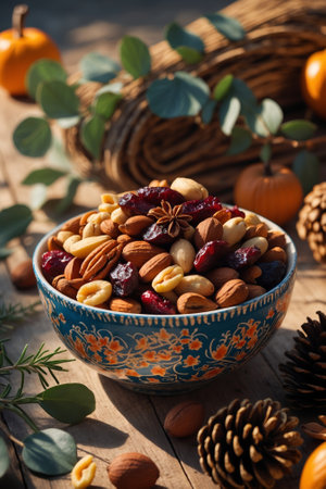 Colorful mix of nuts and dried fruits displayed in a traditional bowl surrounded by natural decor in warm lightの素材