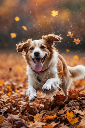 Happy dog running through autumn leaves in a colorful park on a sunny dayの素材