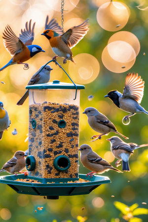 Colorful birds visit a busy feeder in a lush garden during a sunny afternoon filled with golden lightの素材