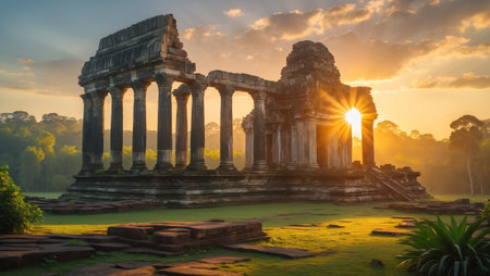 Sunlight streaming through ancient temple ruins at sunset in a lush forestの素材