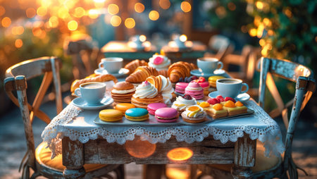 Delicious pastry spread on a rustic table at sunset in a charming outdoor cafeの素材