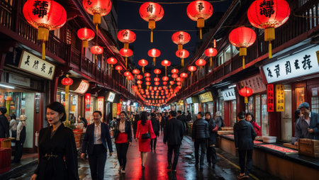Cultural celebration in a bustling market street filled with lanterns at nightの素材