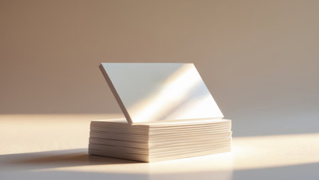 Simple stack of blank business cards with soft light illuminating the surface in a minimalist settingの素材
