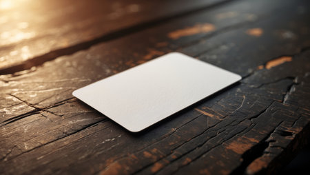 Blank card resting on a textured wooden surface illuminated by soft light in a cozy settingの素材