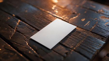 Blank card positioned on a rustic wooden table illuminated by warm light during a quiet eveningの素材