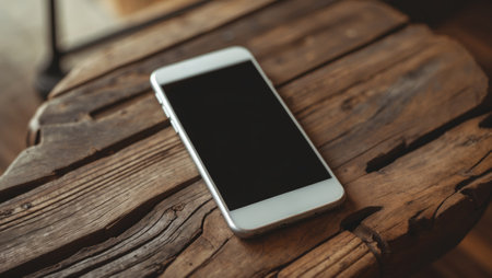 Smartphone resting on a rustic wooden table in a cozy indoor settingの素材