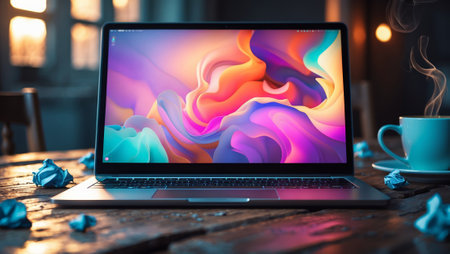 Modern workspace featuring a laptop, steaming cup of coffee, and crumpled paper on a rustic wooden table in a cozy settingの素材