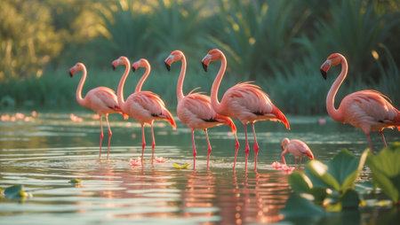 Pink flamingos stand gracefully in calm waters surrounded by lush green vegetation at golden hourの素材