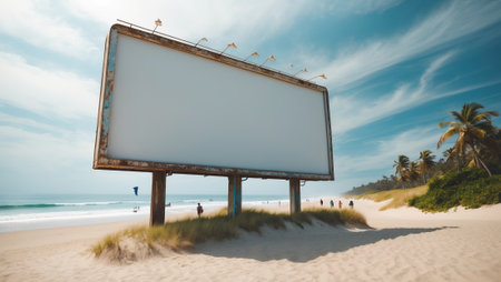 Empty billboard stands alone on a sandy beach with waves gently crashing in the background during a sunny dayの素材
