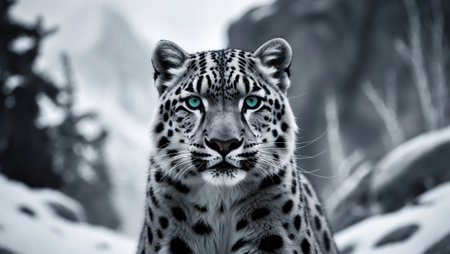 Majestic snow leopard engages with its environment in a winter landscapeの素材