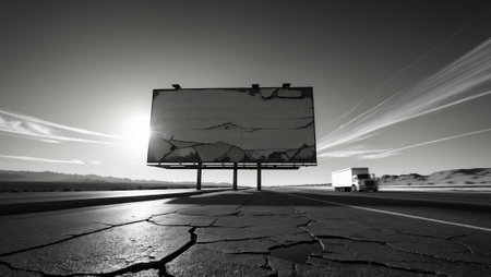 Abandoned billboard stands along a cracked road in a desolate landscape during sunsetの素材