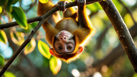 Curious monkey hanging upside down on a branch in a lush green forest during daylight hoursの素材