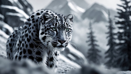 Majestic leopard rests in the snow-covered mountains during a serene winter dayの素材